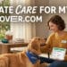 A promotional graphic for Rover.com featuring a pet sitter in a yellow sweater petting a golden retriever while holding a tablet showing a "Happy Progress Report."