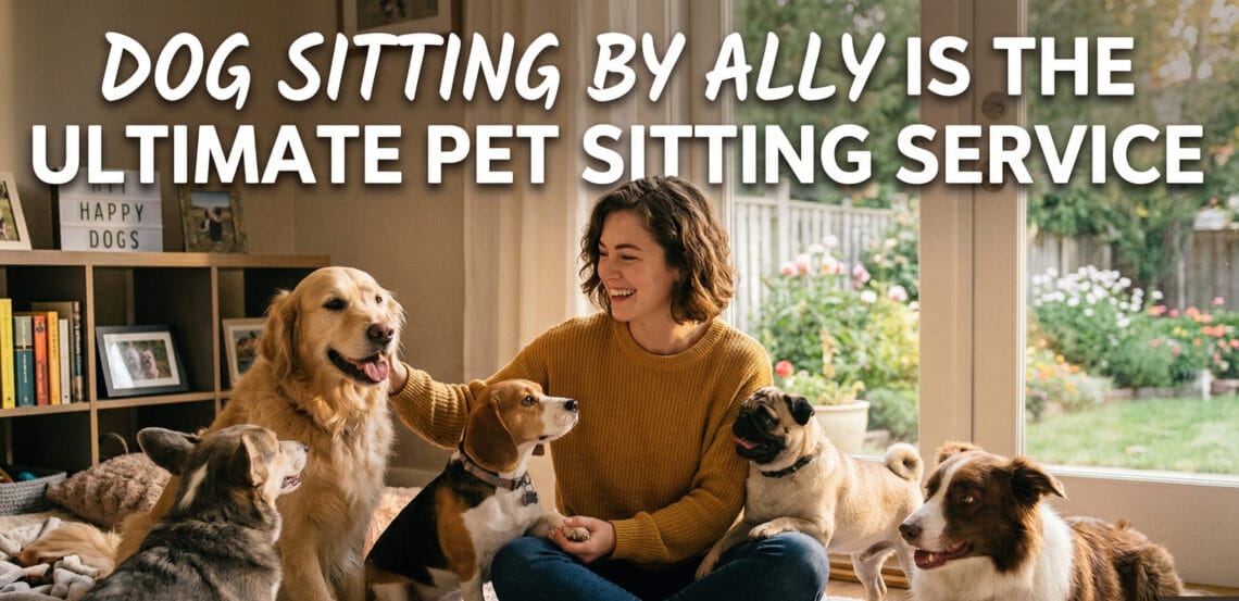 A friendly pet sitter, Ally, sitting on a fluffy white rug and interacting with five happy dogs (Golden Retriever, Beagle, Corgi, Pug, and Border Collie) in a cozy living room with a bright garden view.