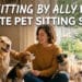 A friendly pet sitter, Ally, sitting on a fluffy white rug and interacting with five happy dogs (Golden Retriever, Beagle, Corgi, Pug, and Border Collie) in a cozy living room with a bright garden view.
