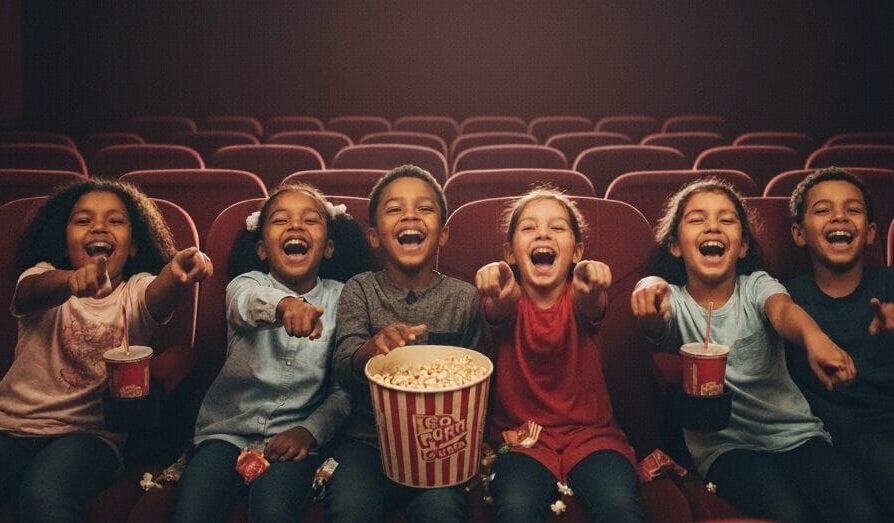 A group of six diverse children, four boys and two girls, sitting in the front row of a dark movie theater. They are all laughing and pointing excitedly. One child in the middle holds a large bucket of popcorn.