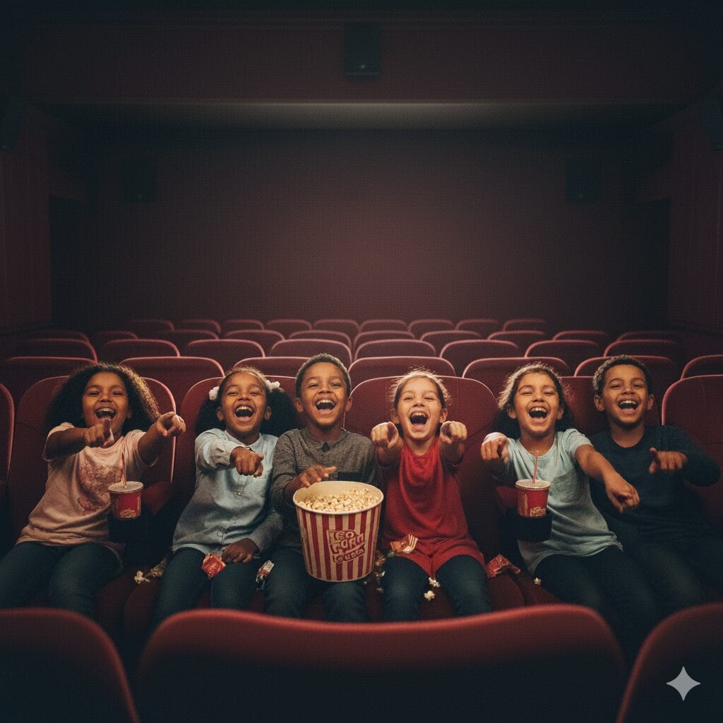 A group of six diverse children, four boys and two girls, sitting in the front row of a dark movie theater. They are all laughing and pointing excitedly. One child in the middle holds a large bucket of popcorn.