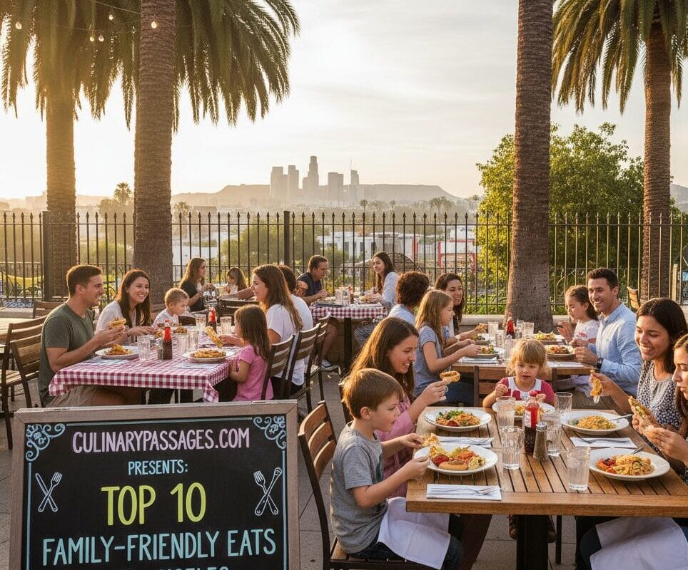 A vibrant, high-angle shot of multiple families with young children and teenagers enjoying meals at an outdoor restaurant patio in Los Angeles. The tables are set with checkered red and white tablecloths. In the background, the downtown Los Angeles skyline is visible at sunset, framed by tall palm trees. A chalkboard sign in the foreground reads "CulinaryPassages.com Presents: Top 10 Family-Friendly Eats - Los Angeles."