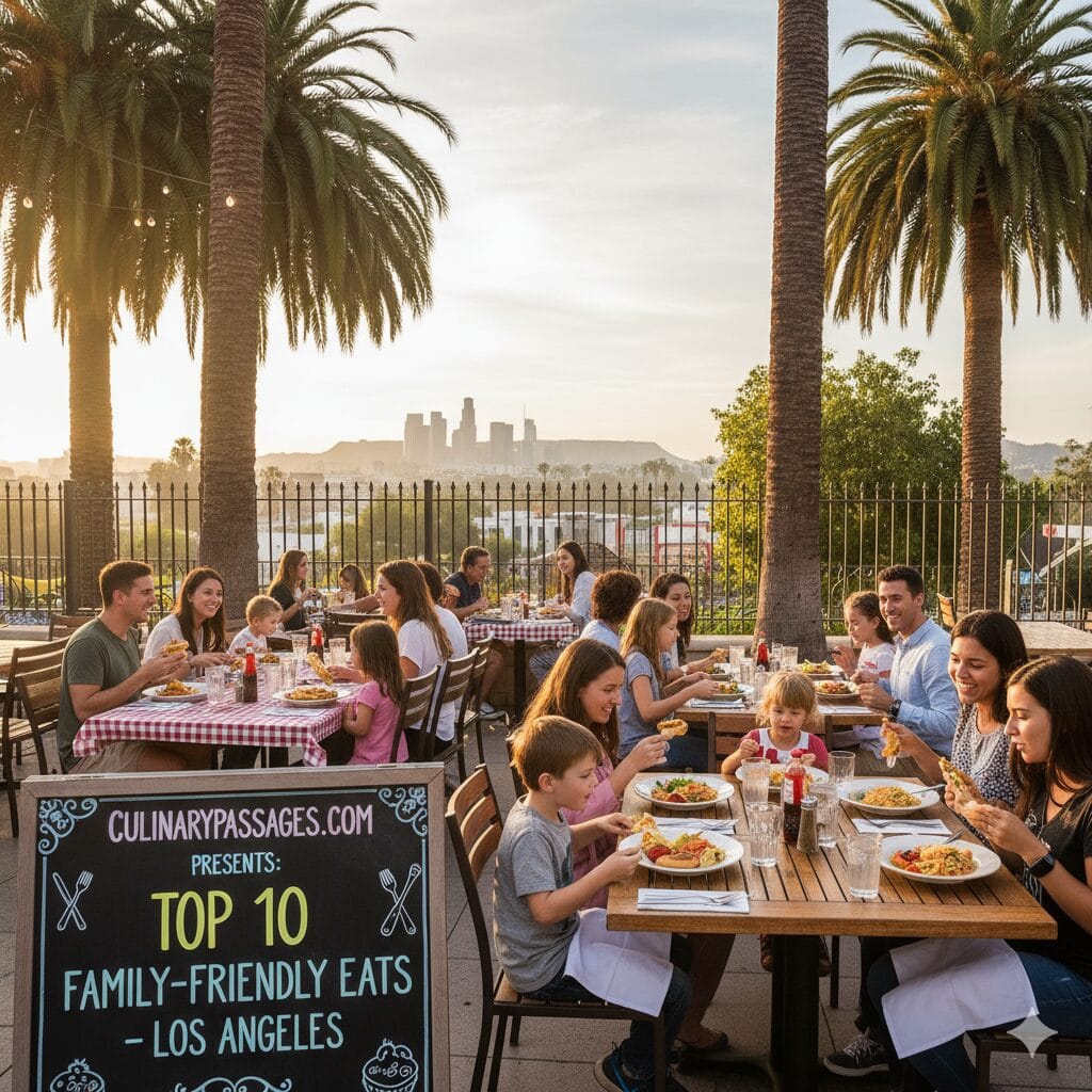 A vibrant, high-angle shot of multiple families with young children and teenagers enjoying meals at an outdoor restaurant patio in Los Angeles. The tables are set with checkered red and white tablecloths. In the background, the downtown Los Angeles skyline is visible at sunset, framed by tall palm trees. A chalkboard sign in the foreground reads "CulinaryPassages.com Presents: Top 10 Family-Friendly Eats - Los Angeles."