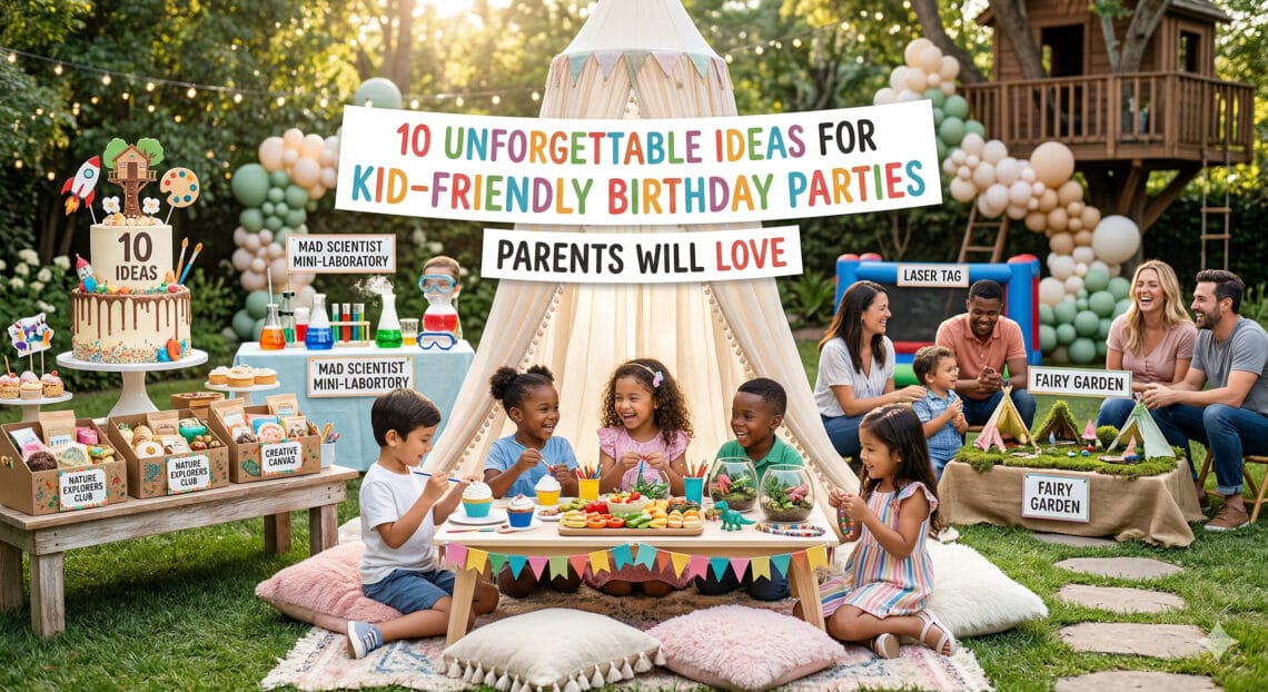 A vibrant outdoor backyard birthday party featuring children sitting around a low table under a white teepee, a themed cake, a "Mad Scientist" lab station, a "Fairy Garden" craft area, and happy parents chatting in the background.