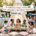 A vibrant outdoor backyard birthday party featuring children sitting around a low table under a white teepee, a themed cake, a "Mad Scientist" lab station, a "Fairy Garden" craft area, and happy parents chatting in the background.