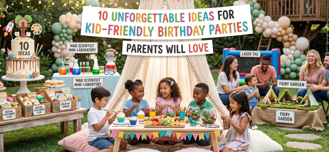 A vibrant outdoor backyard birthday party featuring children sitting around a low table under a white teepee, a themed cake, a "Mad Scientist" lab station, a "Fairy Garden" craft area, and happy parents chatting in the background.
