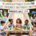 A vibrant outdoor backyard birthday party featuring children sitting around a low table under a white teepee, a themed cake, a "Mad Scientist" lab station, a "Fairy Garden" craft area, and happy parents chatting in the background.