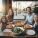 Family of four smiling at an Italian restaurant table with pizza, pasta, and salad in Los Angeles.