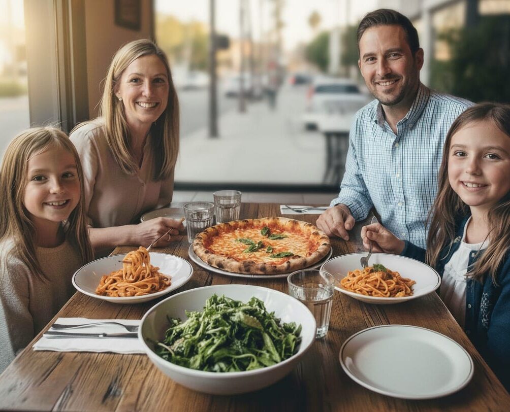Family of four smiling at an Italian restaurant table with pizza, pasta, and salad in Los Angeles.
