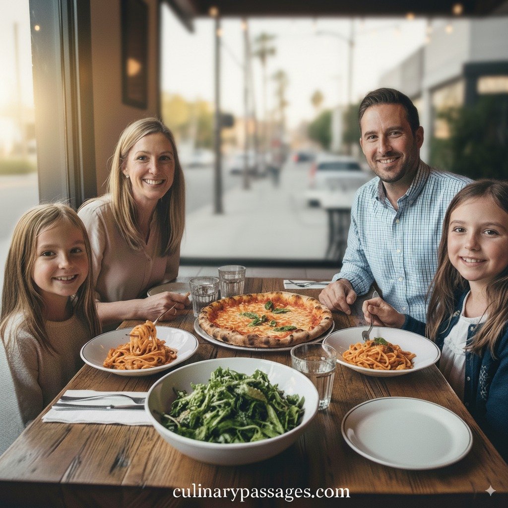 Family of four smiling at an Italian restaurant table with pizza, pasta, and salad in Los Angeles.