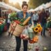 Woman struggling to carry overflowing groceries, flowers, and produce bags at a busy outdoor farmers market.