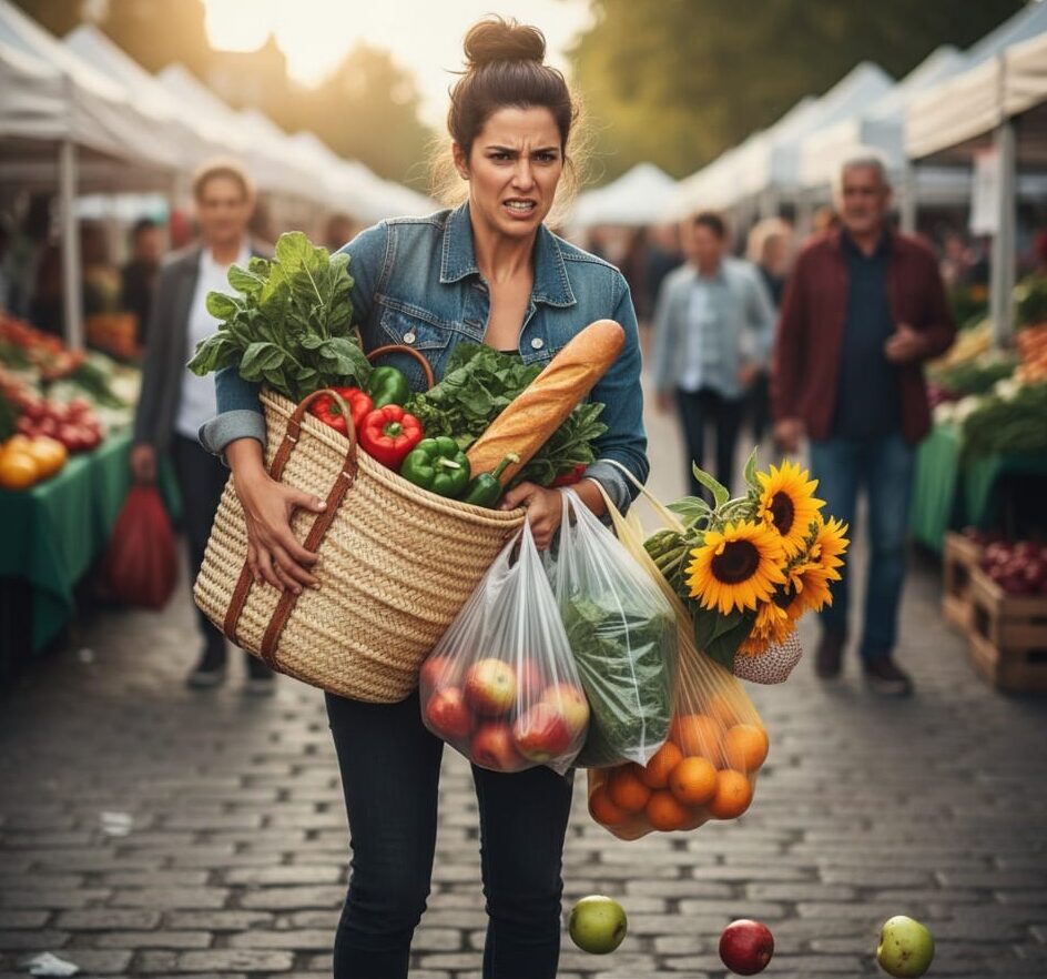 Woman struggling to carry overflowing groceries, flowers, and produce bags at a busy outdoor farmers market.