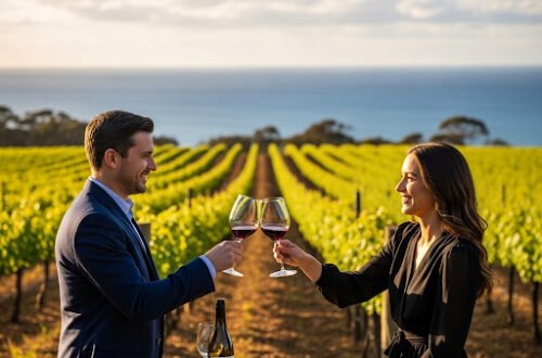 Couple toasting red wine at a vineyard overlooking the ocean, enjoying wine tasting with charcuterie.