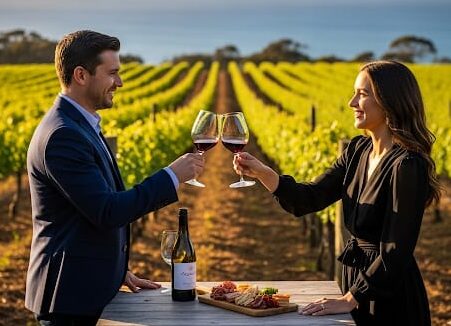 Couple toasting red wine at a vineyard overlooking the ocean, enjoying wine tasting with charcuterie.