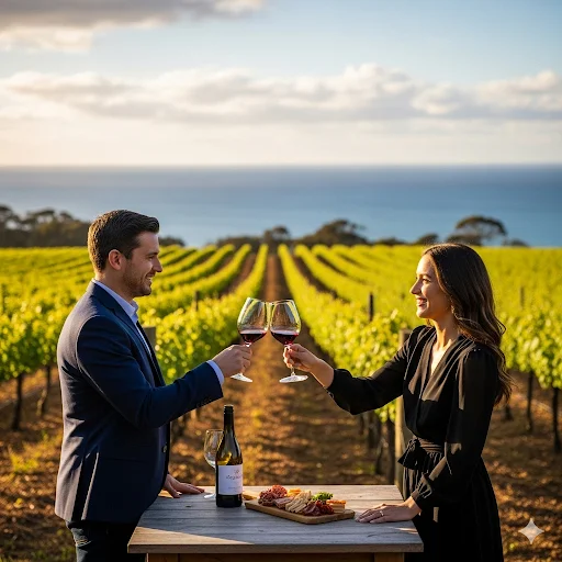 Couple toasting red wine at a vineyard overlooking the ocean, enjoying wine tasting with charcuterie.