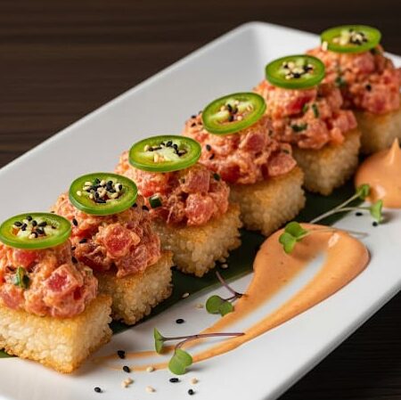 Plate of spicy tuna crispy rice topped with jalapeño slices, sesame seeds, and spicy mayo drizzle.