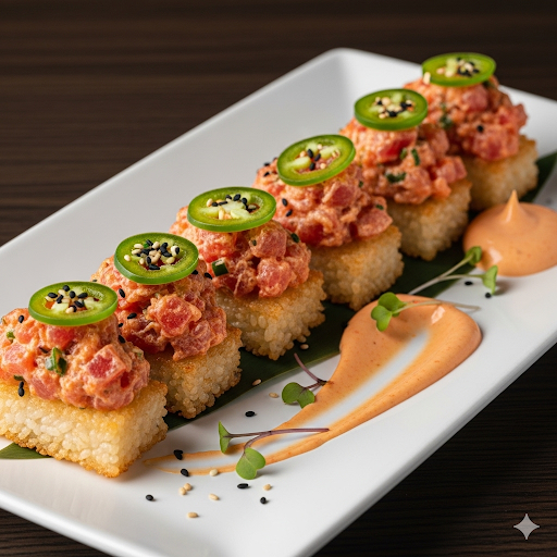 Plate of spicy tuna crispy rice topped with jalapeño slices, sesame seeds, and spicy mayo drizzle.