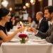 Elegant couple toasting with champagne during a romantic dinner at an upscale restaurant with chandeliers.