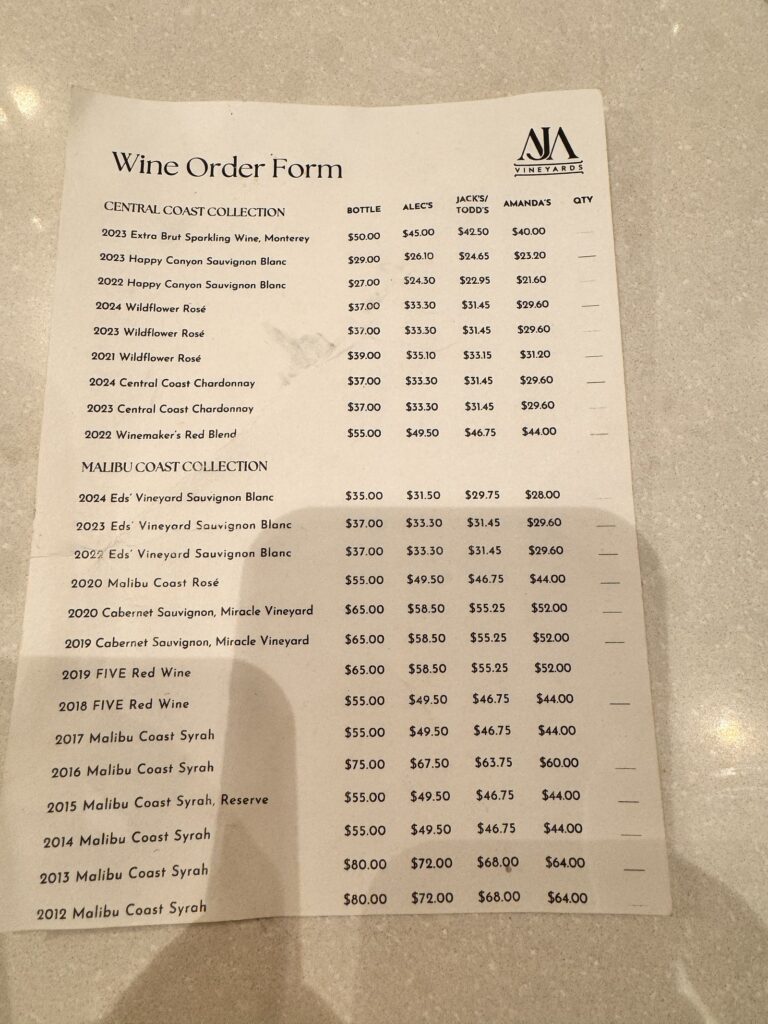 AJA Vineyards wine order form showing bottle pricing and the discounted rates for each membership tier, including Alec's Club