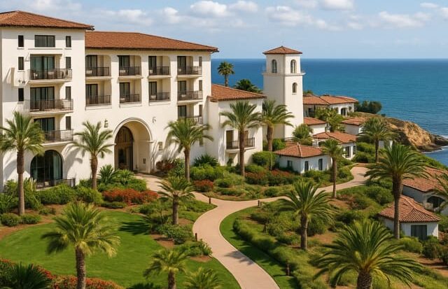 A panoramic view of Terranea Resort on the cliffs of Rancho Palos Verdes with the Pacific Ocean in the background.