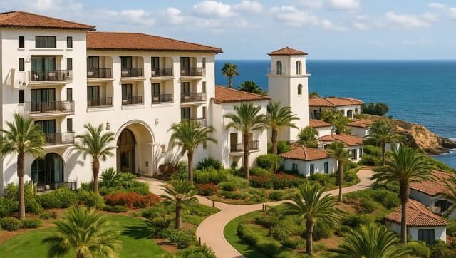 A panoramic view of Terranea Resort on the cliffs of Rancho Palos Verdes with the Pacific Ocean in the background.