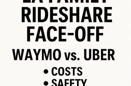 Text-based Instagram graphic promoting blog post “LA Family Rideshare Face-Off: Waymo vs. Uber — What You Need to Know” with bold modern typography.