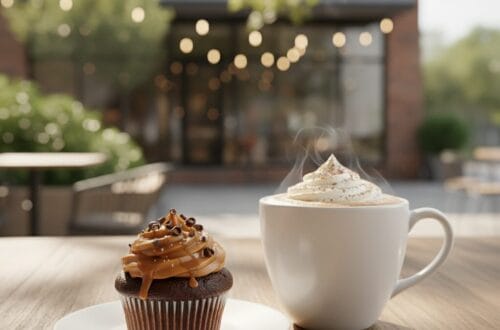 Chocolate cupcake with caramel drizzle and chocolate chips served with a steaming café mocha topped with whipped cream, enjoyed outdoors at a Los Angeles café.