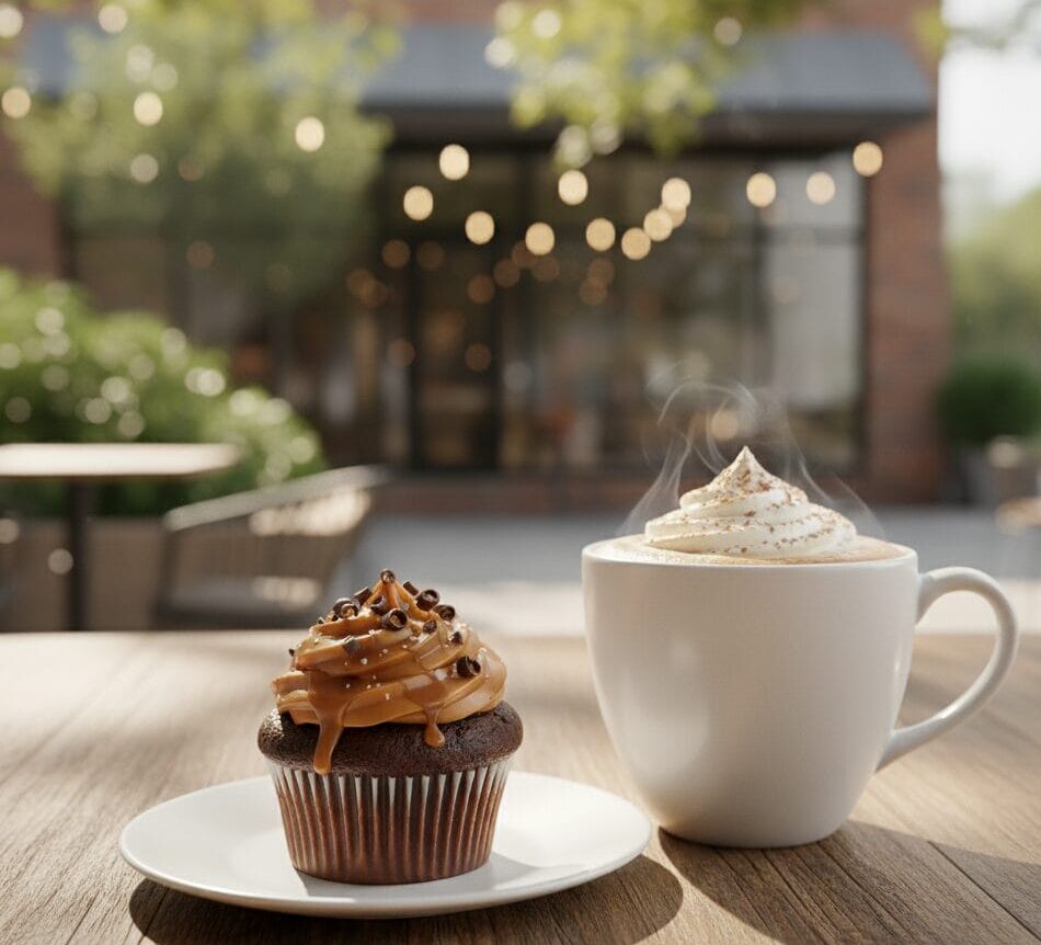 Chocolate cupcake with caramel drizzle and chocolate chips served with a steaming café mocha topped with whipped cream, enjoyed outdoors at a Los Angeles café.