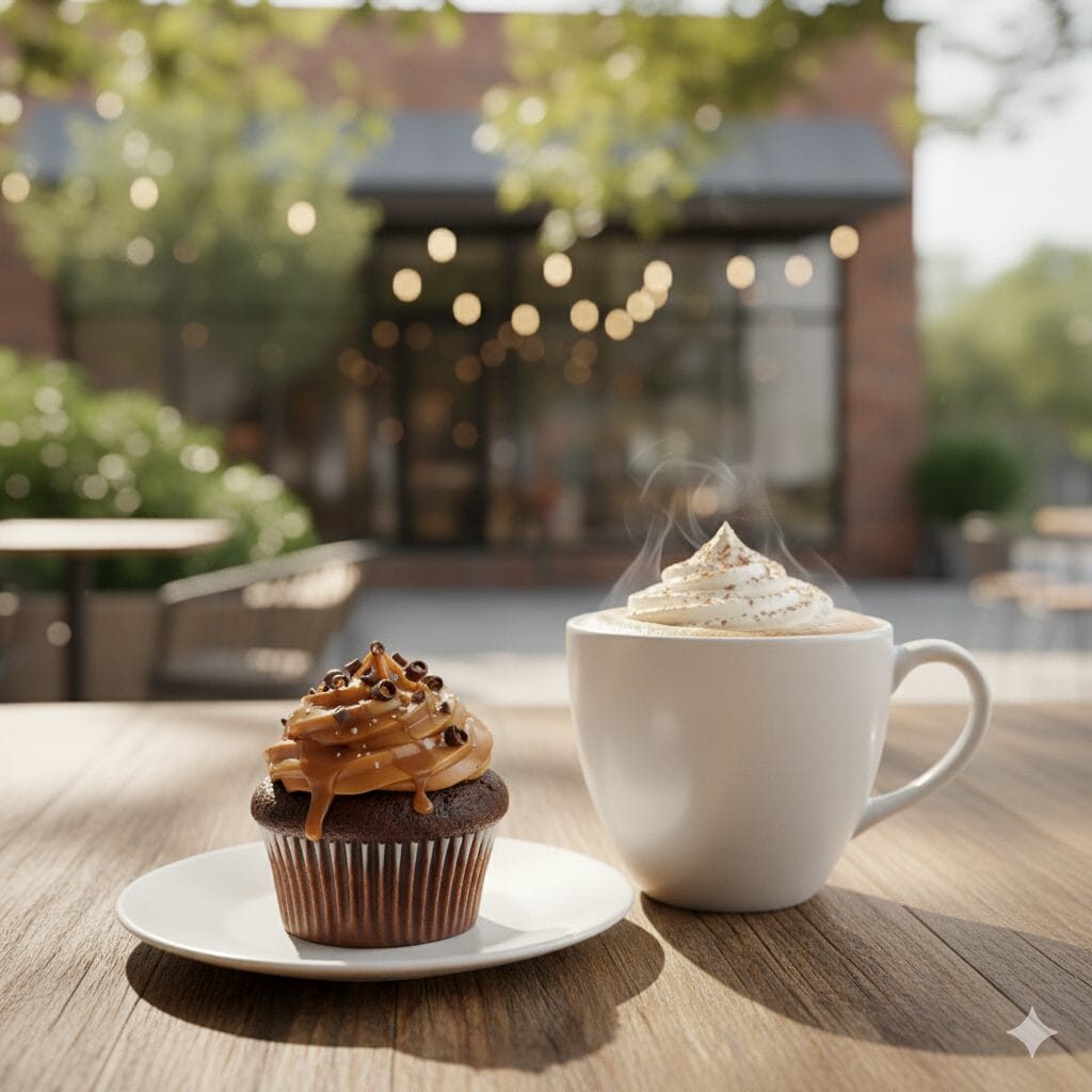 Chocolate cupcake with caramel drizzle and chocolate chips served with a steaming café mocha topped with whipped cream, enjoyed outdoors at a Los Angeles café.