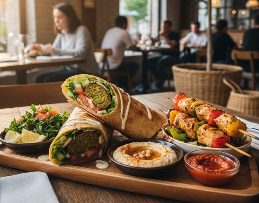 A wooden platter featuring two falafel wraps, grilled chicken skewers with bell peppers, a side salad with lemon wedges, creamy hummus topped with chickpeas, and a red dipping sauce, set on a restaurant table with a blurred interior background.
