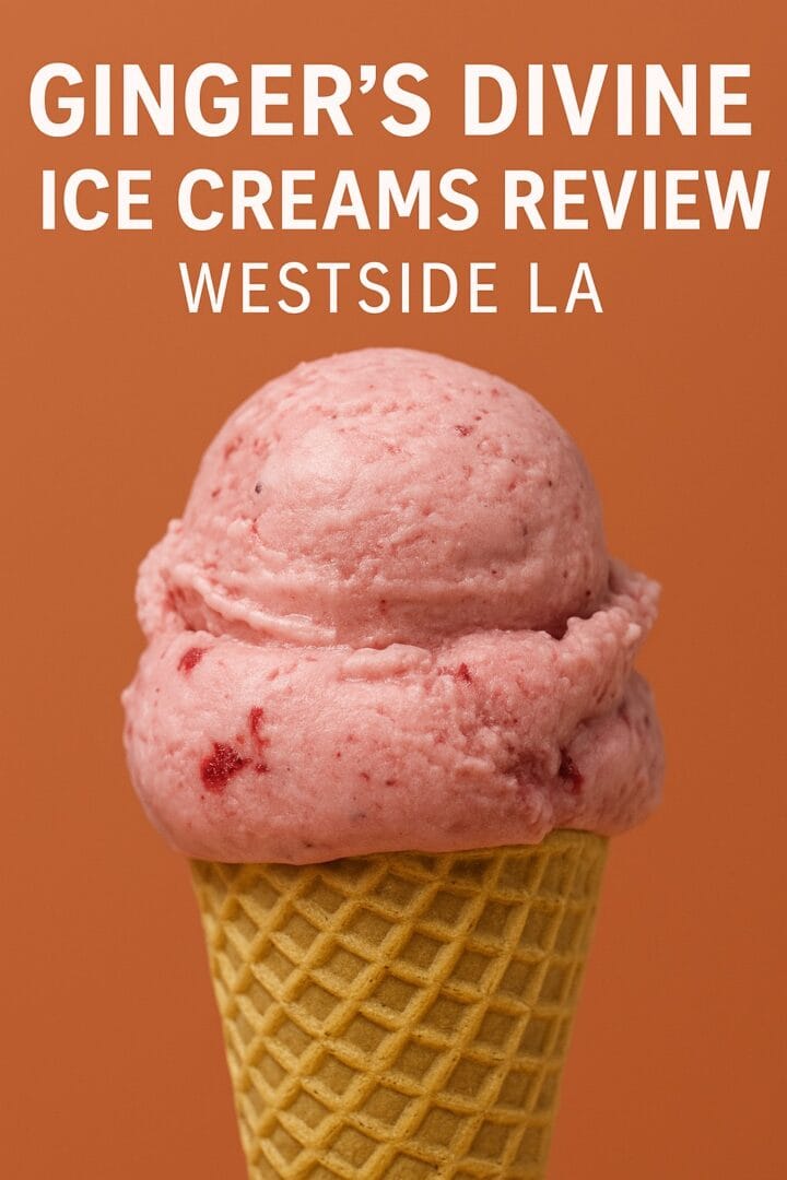 A scoop of raspberry ice cream in a waffle cone against a burnt-orange background with white text reading “Ginger’s Divine Ice Creams Review – Westside LA.”