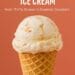 A single scoop of caramel-streaked artisan ice cream in a waffle cone against a coral background with text overlay reading “The Renaissance of Ice Cream – From Thrifty Scoops to Gourmet Creations.”