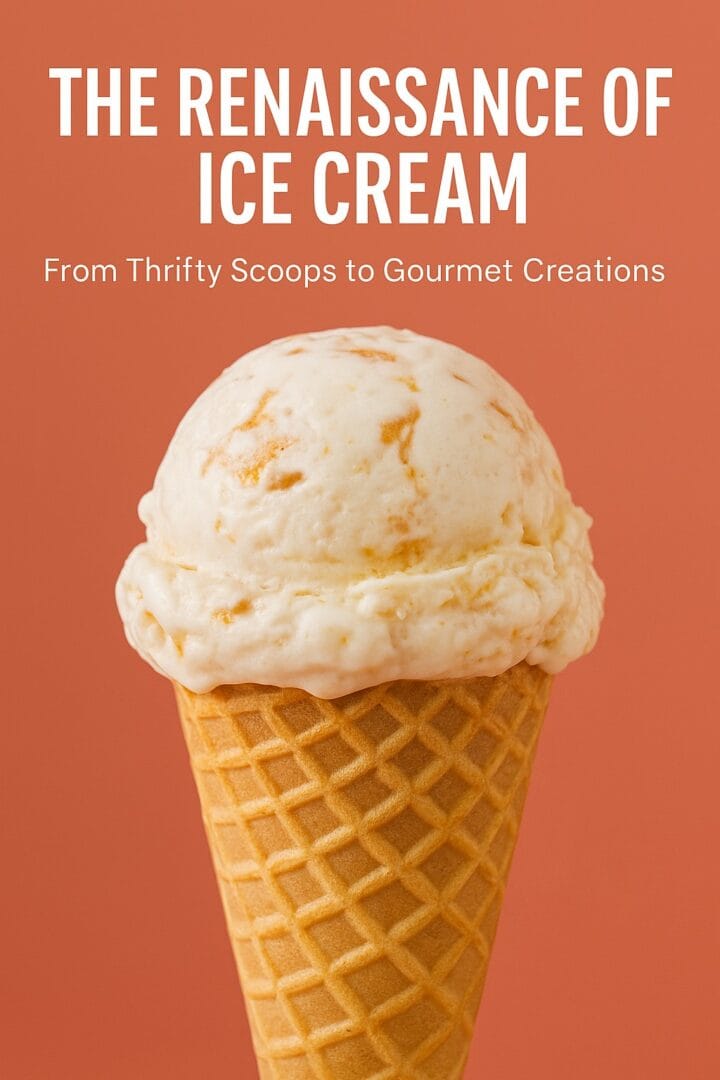 A single scoop of caramel-streaked artisan ice cream in a waffle cone against a coral background with text overlay reading “The Renaissance of Ice Cream – From Thrifty Scoops to Gourmet Creations.”