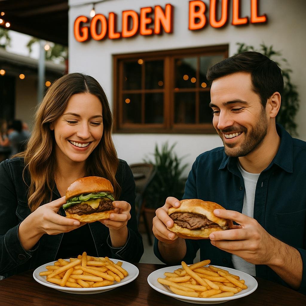 Smiling couple enjoying burgers and fries at Golden Bull restaurant patio.