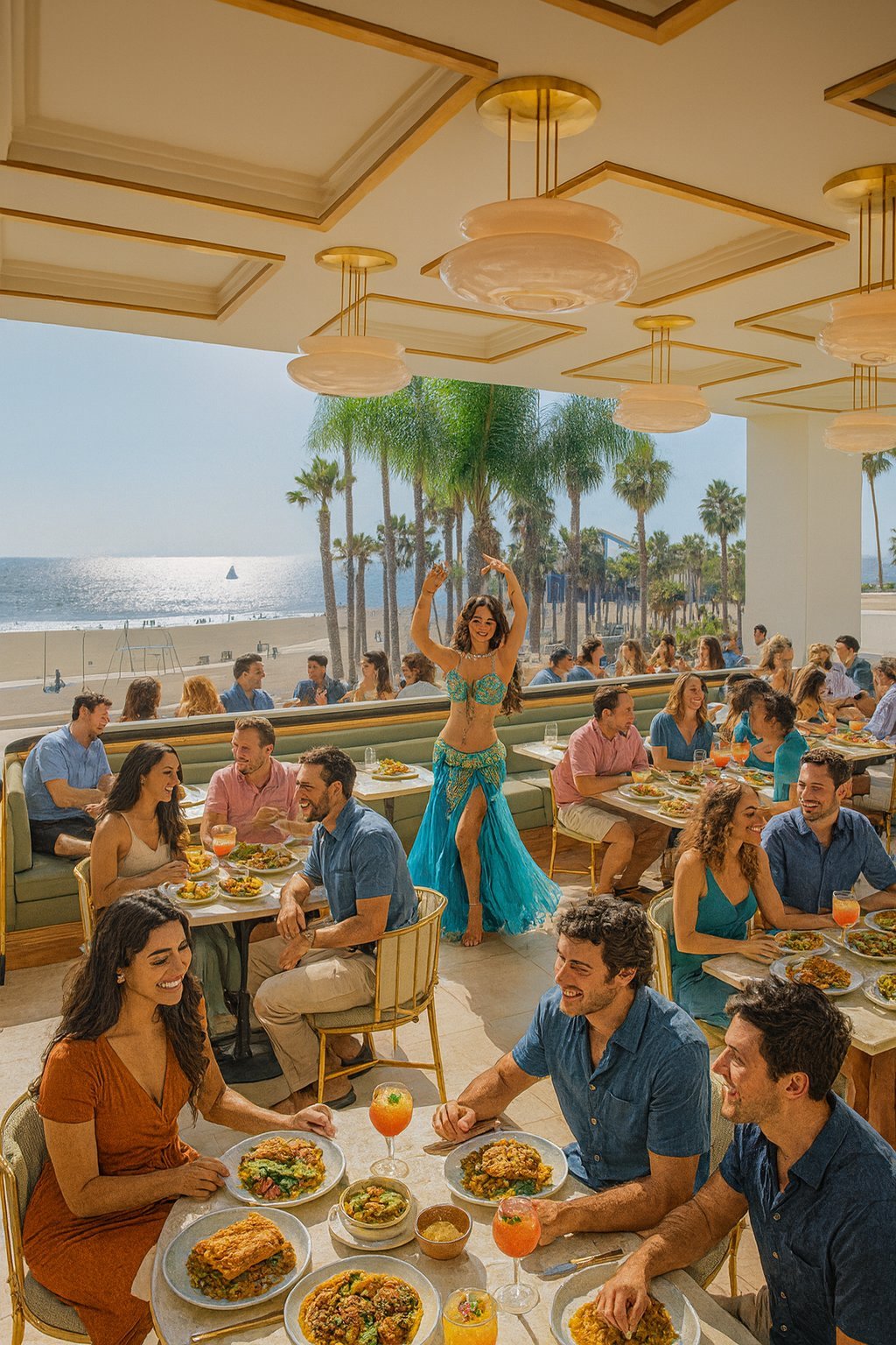 Crowded Mediterranean restaurant by the beach with guests enjoying mezze platters, seafood, and colorful cocktails while a belly dancer performs in the walkway.