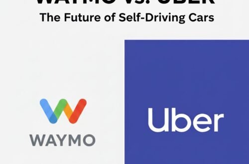 Graphic comparing Waymo and Uber with their logos, highlighting the future of self-driving cars