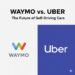 Graphic comparing Waymo and Uber with their logos, highlighting the future of self-driving cars