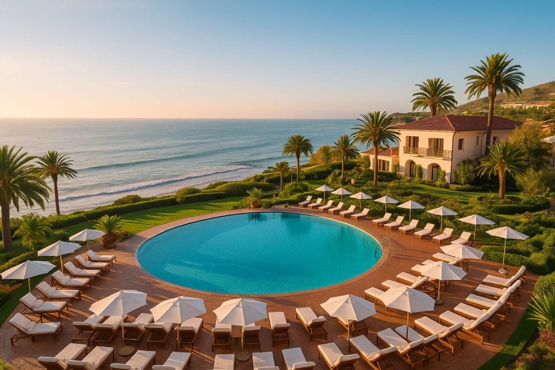 Panoramic view of Orange County’s luxury coastline with oceanfront resorts and palm trees at sunset, representing five-star resorts like Ritz-Carlton Laguna Niguel and Montage Laguna Beach.