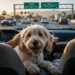 A happy goldendoodle sits in the front passenger seat of a car, looking out at the 405 Freeway in Southern California during golden hour. Traffic is visible in the background with "405 San Diego Fwy" and "Santa Monica Blvd / Getty Center" signs overhead. A hand is gently petting the dog.