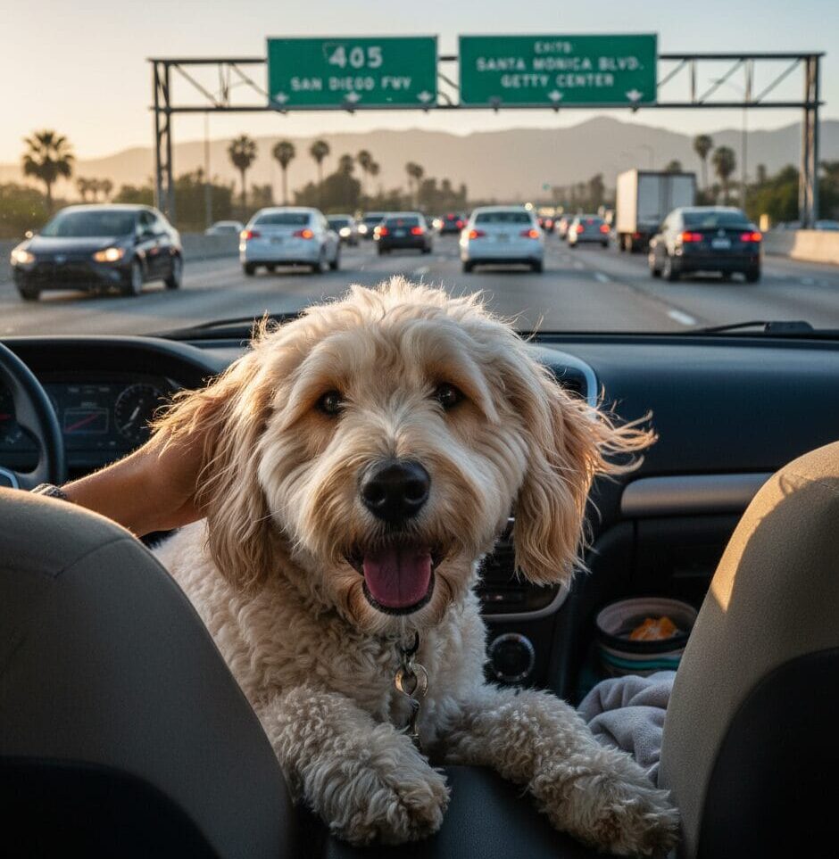 A happy goldendoodle sits in the front passenger seat of a car, looking out at the 405 Freeway in Southern California during golden hour. Traffic is visible in the background with "405 San Diego Fwy" and "Santa Monica Blvd / Getty Center" signs overhead. A hand is gently petting the dog.