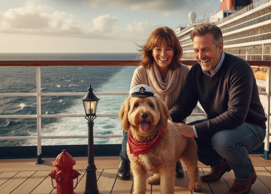 A couple on a cruise ship deck smiling and petting a happy golden doodle dog wearing a sailor hat and a red bandana. In the foreground are a miniature fire hydrant and a lamppost. The ocean and the back of a large cruise ship are visible in the background under a partly cloudy sky. The image also includes the text "ALL PAWS ON DECK," "CulinaryPassages.com," and "TAKING YOUR DOG ON A CRUISE."