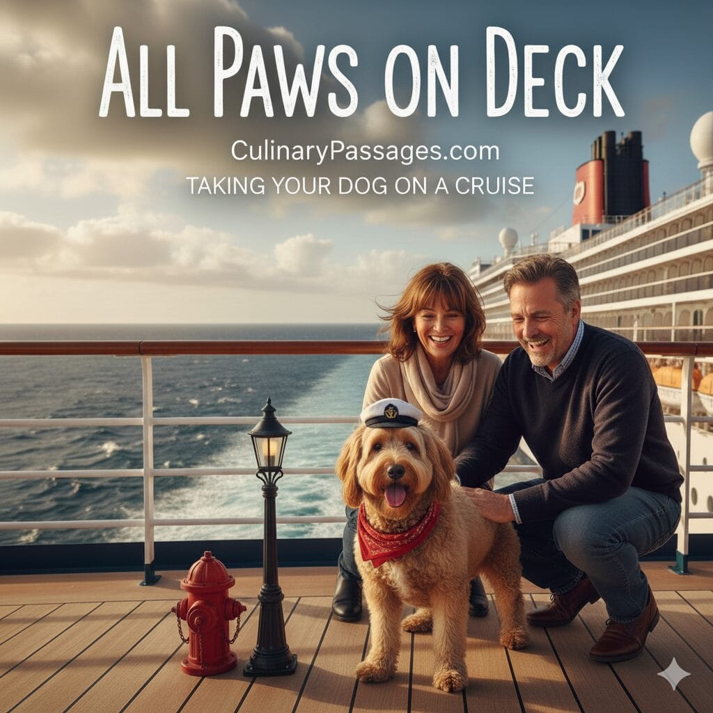 A couple on a cruise ship deck smiling and petting a happy golden doodle dog wearing a sailor hat and a red bandana. In the foreground are a miniature fire hydrant and a lamppost. The ocean and the back of a large cruise ship are visible in the background under a partly cloudy sky. The image also includes the text "ALL PAWS ON DECK," "CulinaryPassages.com," and "TAKING YOUR DOG ON A CRUISE."