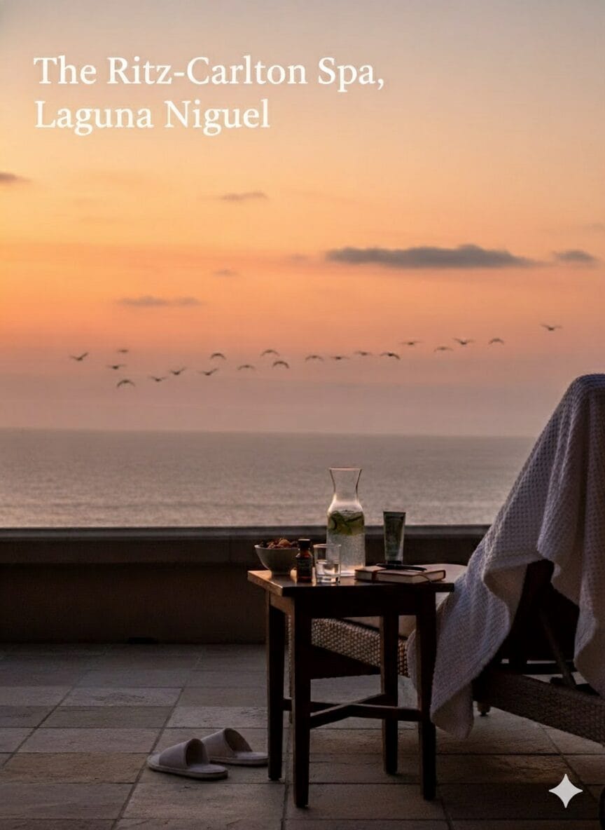 A flat lay of travel wellness items on a sandy beach background. The items include a passport, copper water bottle, CBD oil, sleep mask, and a phone with a yoga app. The text reads: "The 'How To' Guide: Weave Wellness Into Your Travels" and "The Ritz-Carlton Spa, Laguna Niguel."