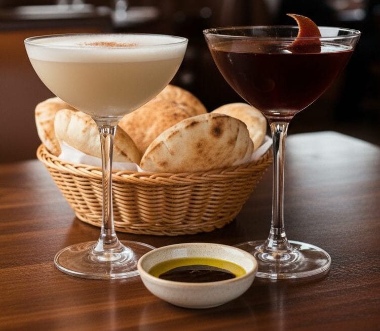 Two unique cocktails, one creamy white in a coupe glass and one dark burgundy in a wine glass, sit on a dark wooden table. In front of them is a woven basket filled with warm, puffy pita bread. The background is the soft, ambient lighting of the upscale Zaytinya restaurant