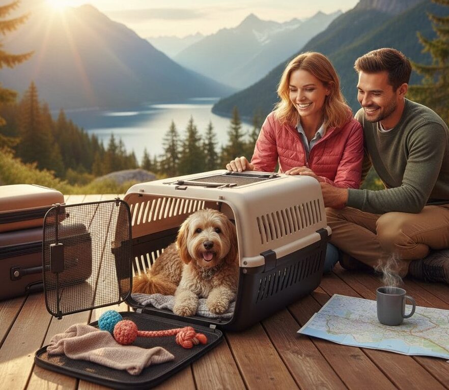 A fluffy, smiling Goldendoodle sits happily in the passenger seat of a car, looking out the window, and safely secured with a pet travel harness for a stress-free journey.