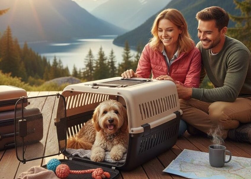 A fluffy, smiling Goldendoodle sits happily in the passenger seat of a car, looking out the window, and safely secured with a pet travel harness for a stress-free journey.