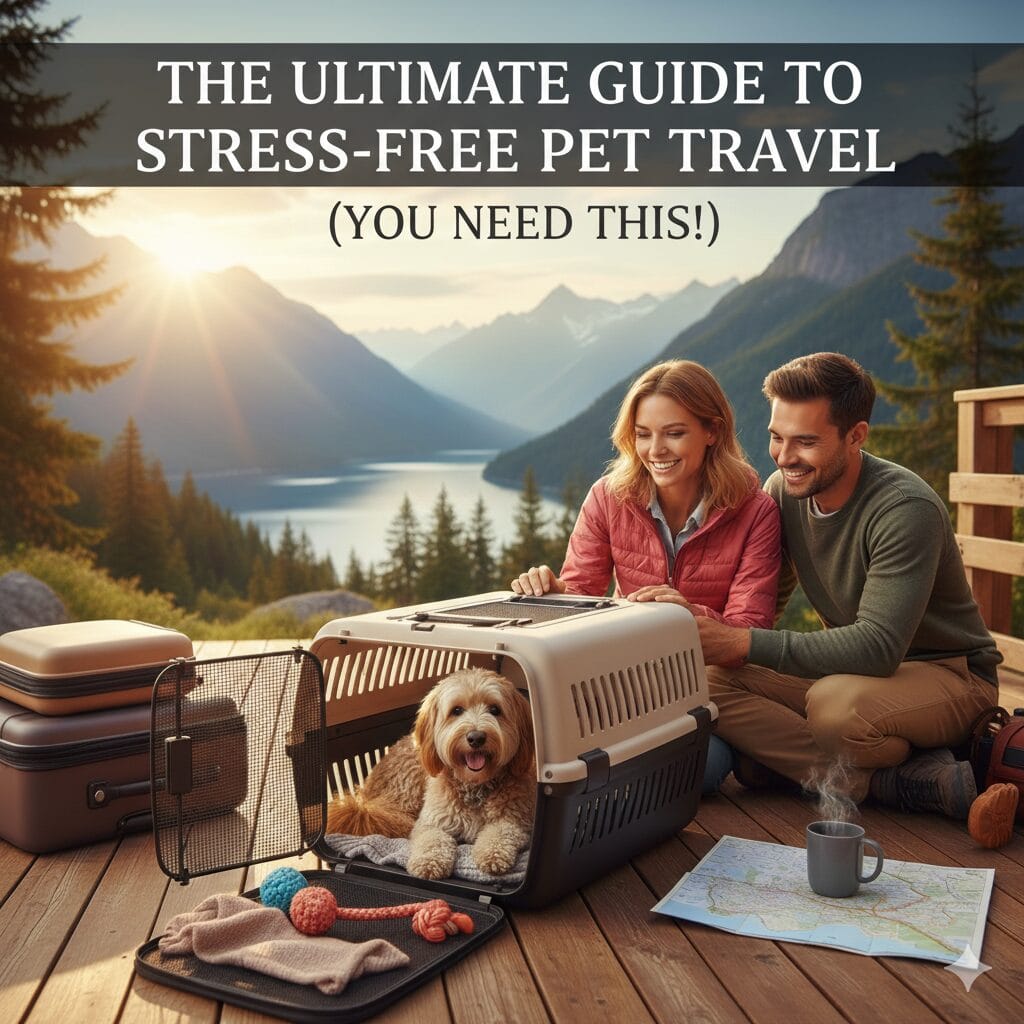 A fluffy, smiling Goldendoodle sits happily in the passenger seat of a car, looking out the window, and safely secured with a pet travel harness for a stress-free journey.