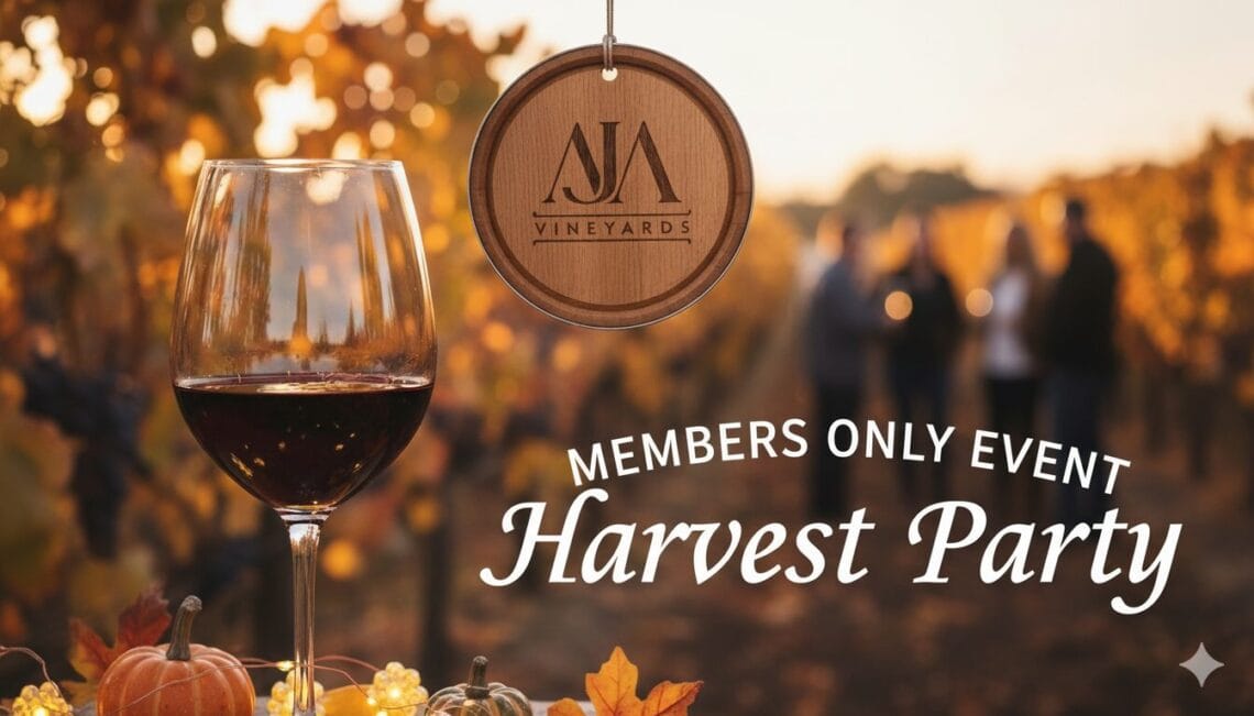 A festive image featuring the AJA Vineyards logo and a full glass of red wine, with the text "Members Only Event - Harvest Party."
