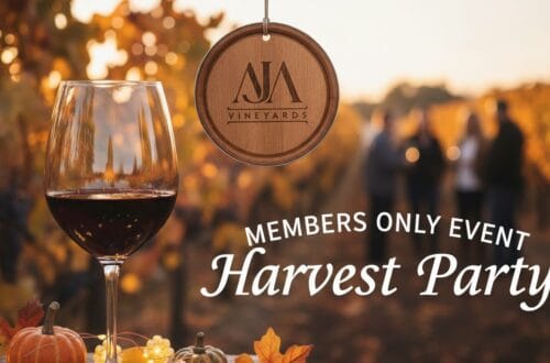 A festive image featuring the AJA Vineyards logo and a full glass of red wine, with the text "Members Only Event - Harvest Party."