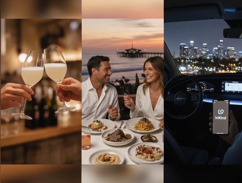 A collage showing three panels: left a toast with two glasses of sparkling white wine; center a couple dining at sunset with ocean and pier views, enjoying dishes like pasta with truffles and whipped eggplant; right a person in a car at night holding a phone displaying the InKind app, with city lights in the background.